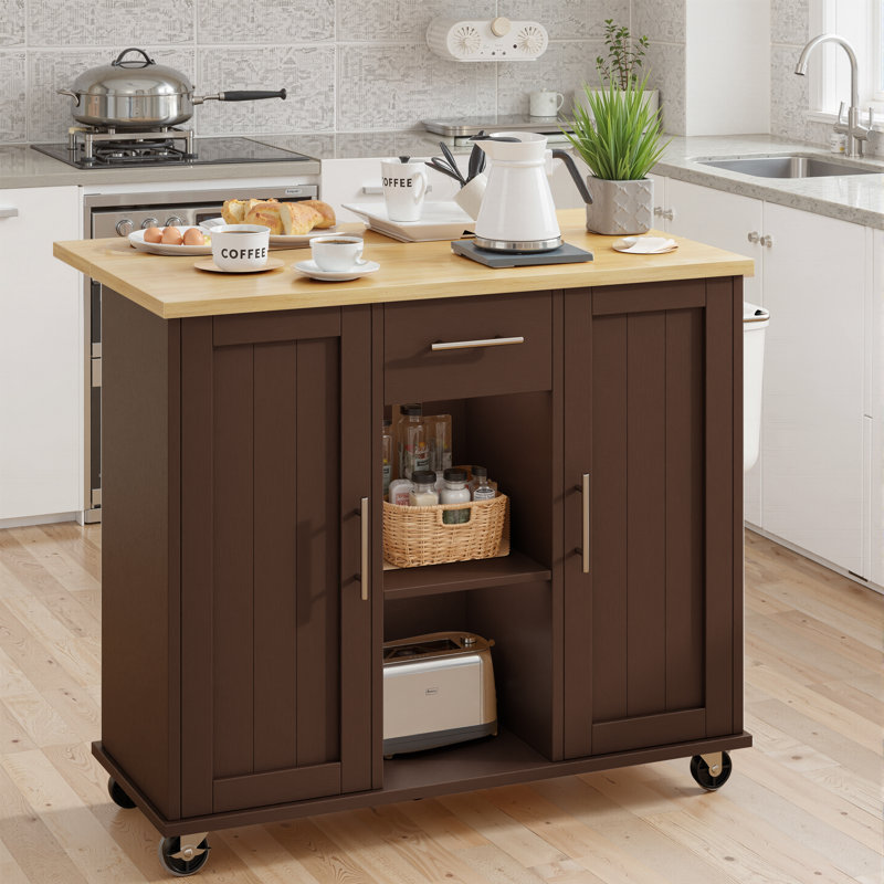 Rolling Kitchen Island Cart With Butcher Block Top – Portable Workstation With Storage Shelves & Locking Wheels, Brown