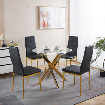 Ensemble de salle à manger 1 + 4,5 pièces, table de salle à manger Mid-Century pour 4 à 6 personnes avec plateau en verre, table de salle à manger à piédestal, table basse de loisirs.