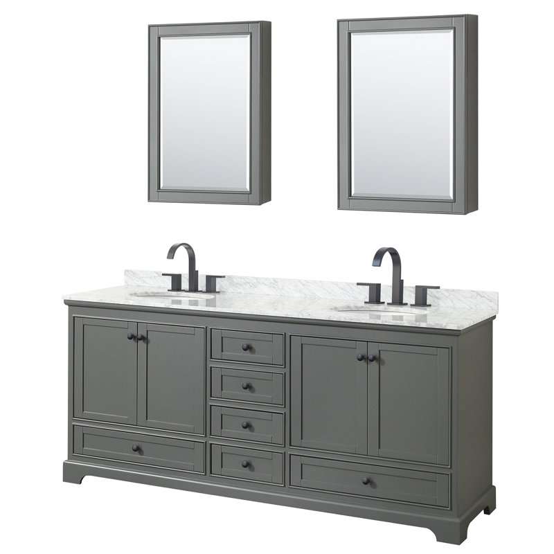 Ensemble de meuble-lavabo double 80 "avec miroir Deborah, Gris foncé, Noir mat