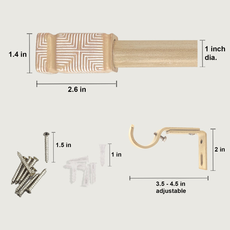 Beige Iron Adjustable Curtain Rod with Carved Square Finial, 36-72 inch