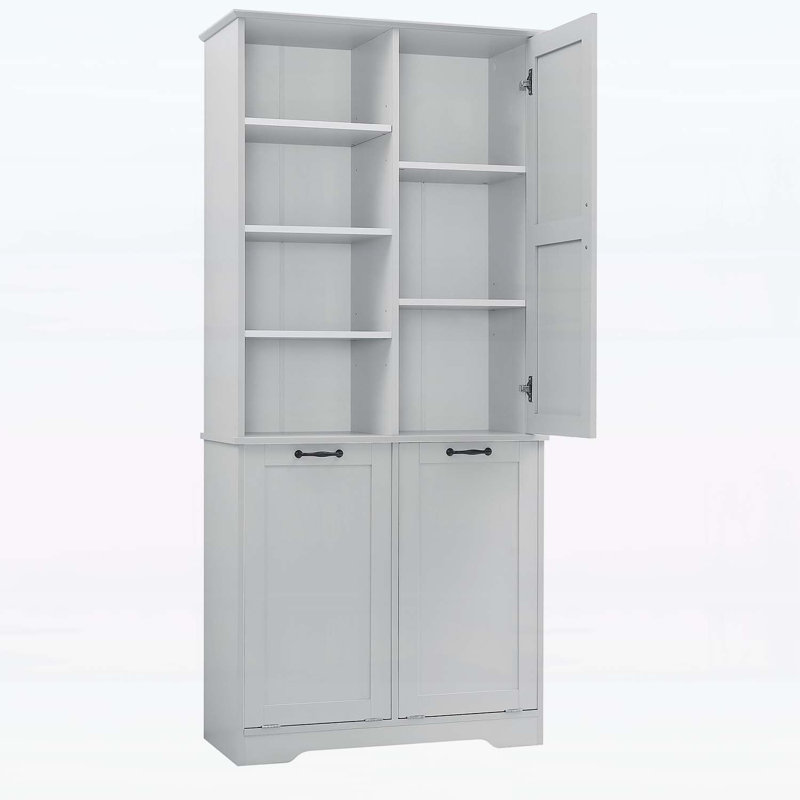 Armoire de rangement pour salle de bain avec portes, tiroirs, panier à linge inclinable et tablettes réglables, Gris