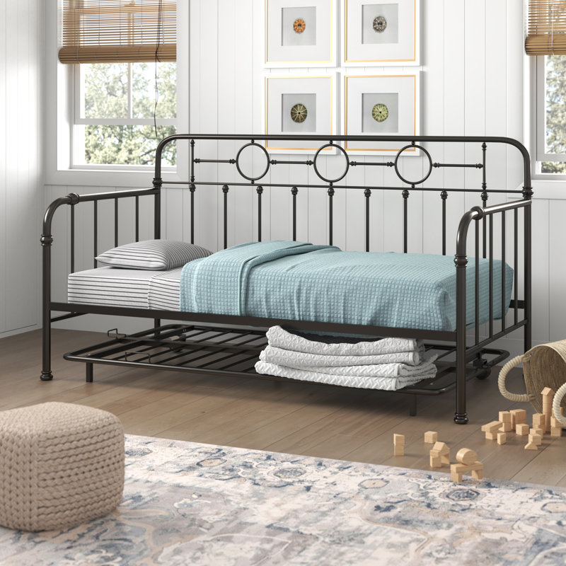 Twin Black Metal Daybed with Trundle and Drawer