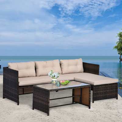 Sofa d'extérieur 3 pièces - Terrasse avec méridienne et coussins moelleux, table en verre facile à nettoyer, protection, beige, verre trempé confortable, usage par tous les temps.