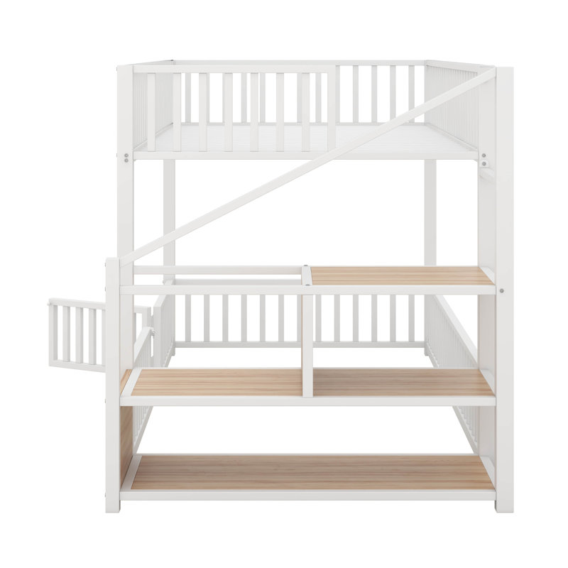 Lit superposé en métal avec échelle de rangement, lit superposé moderne avec barrière de sécurité entièrement fermée, Blanc