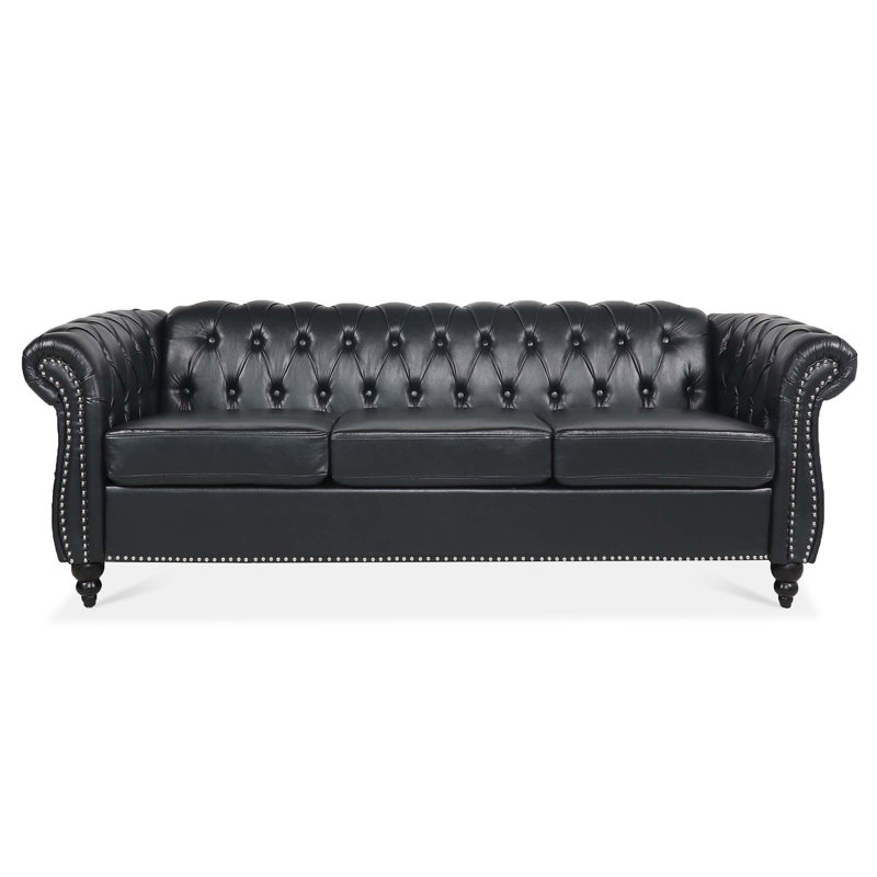 Canapé classique en cuir PU Chesterfield avec dossier capitonné, accoudoirs roulés et garniture cloutée, 3, Noir