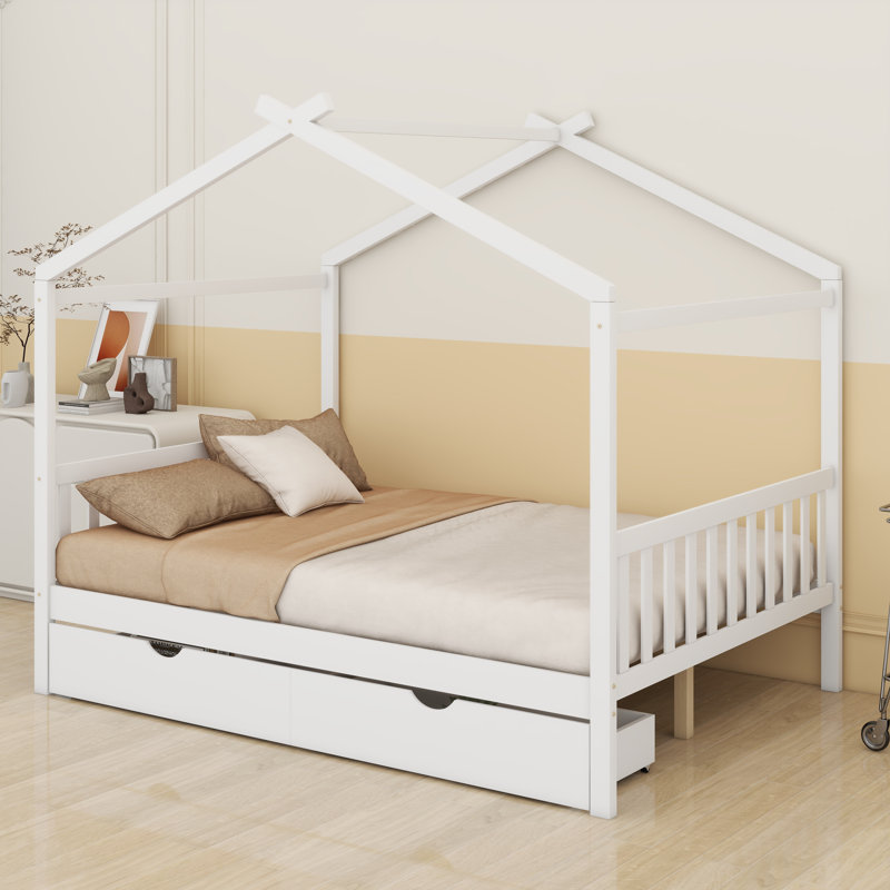Lit plateforme en bois avec tête de lit et pied de lit House House, Blanc