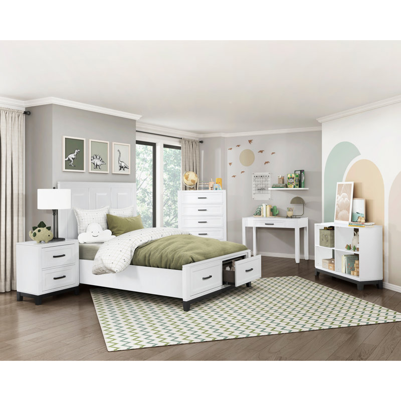 Lit plateforme double avec rangement - fini blanc rustique et pratique