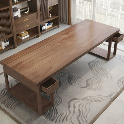 Bureau rectangulaire en bois massif brun clair avec 2 tiroirs