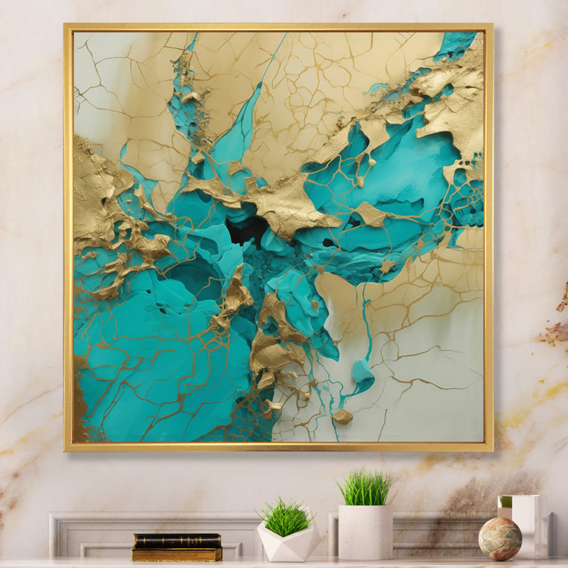 " Turquoise Gold Captivating Liquid Ink ", 36" H x 36" W x 1.5" D, Gold Floater Framed