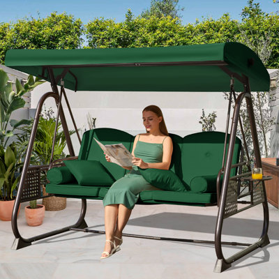 Arlmont & Co. 3-Seat Patio Porch Swing With Adjustable Canopy - Outdoor Swing Featuring Three-Position Backrest, Large Convertible 3-In-1 Swing Bed, Thickened Cushions, Pillows, And Cup Holders - Ideal For Porch, Backyard, Garden