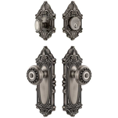 Grandeur Grande Victorian Long Plate Entry Set with Parthenon Knob in Antique Pewter