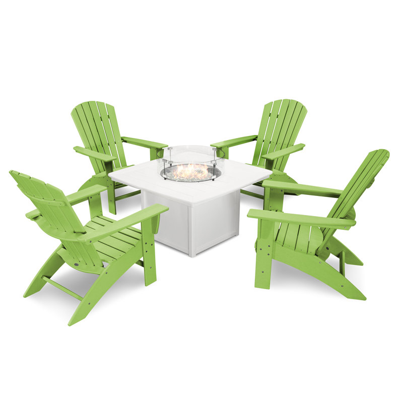 POLYWOOD Nautical Curveback Adirondack 5-Piece Conversation Set with Fire Pit Table, Lime
