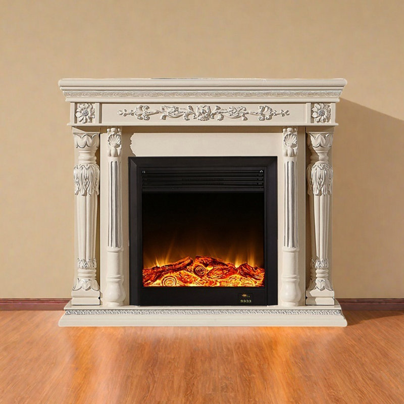 Retro solid wood base carved design fireplace, Ivory, 43.3" H x 51.18" W x 12.59" D