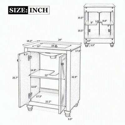 Meuble-lavabo moderne de 24 po avec lavabo en céramique, motif elliptique orné et pieds français sculptés, charnières à fermeture en douceur, structure ouverte au dos avec tablette réglable