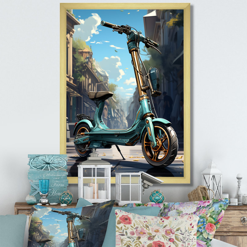 Glissière électrique turquoise et scooter électrique - impressions d'art mural, H 20 po x l 12 po x P 1 po, Cadre photo doré