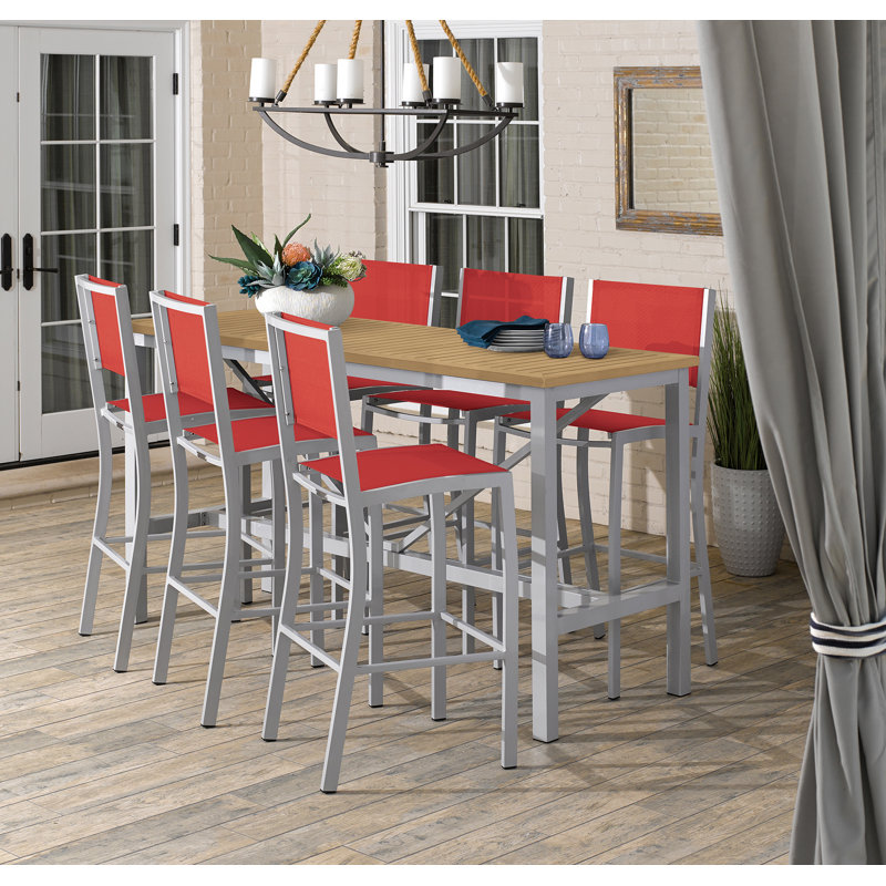 Travira 7 Piece Bar Height Dining Set, Red, Silver/Light brown