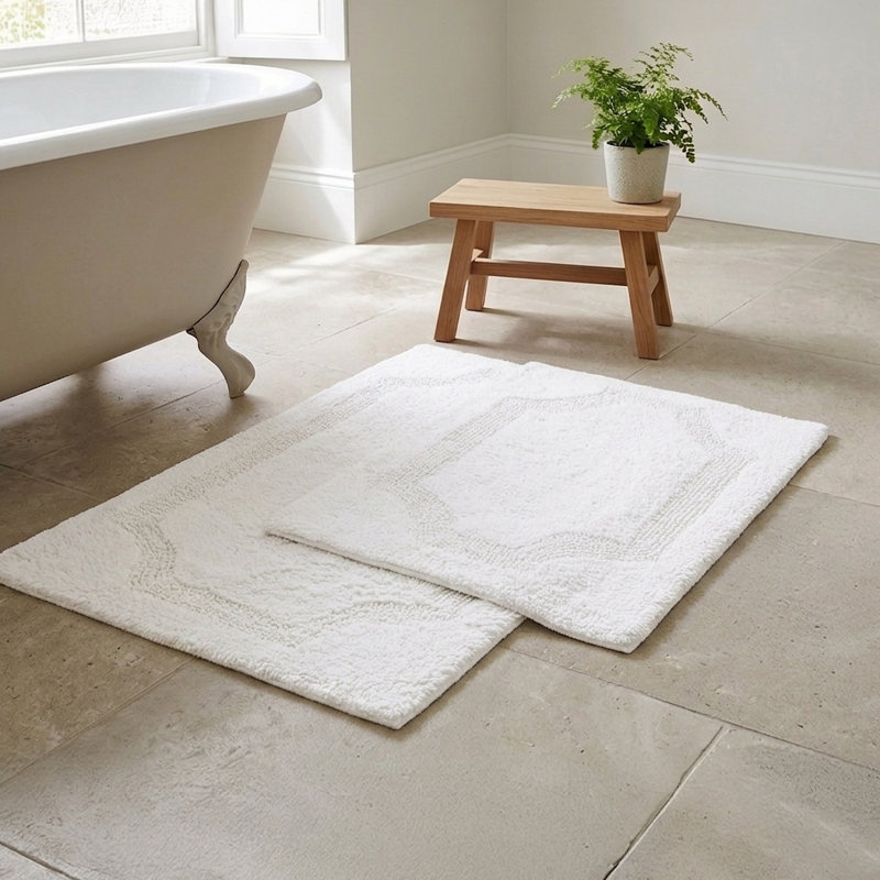 Reversible solid set of 2 white bath mat, White