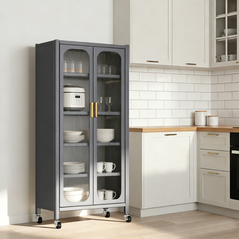 Tall Metal Kitchen Storage Cabinet with Glass Doors, Adjustable Shelves, and Lockable Wheels