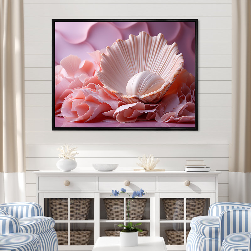Romantisme, coquillages II sur toile, H 16 po x l 32 po x P 1 po, Cadre flottant noir
