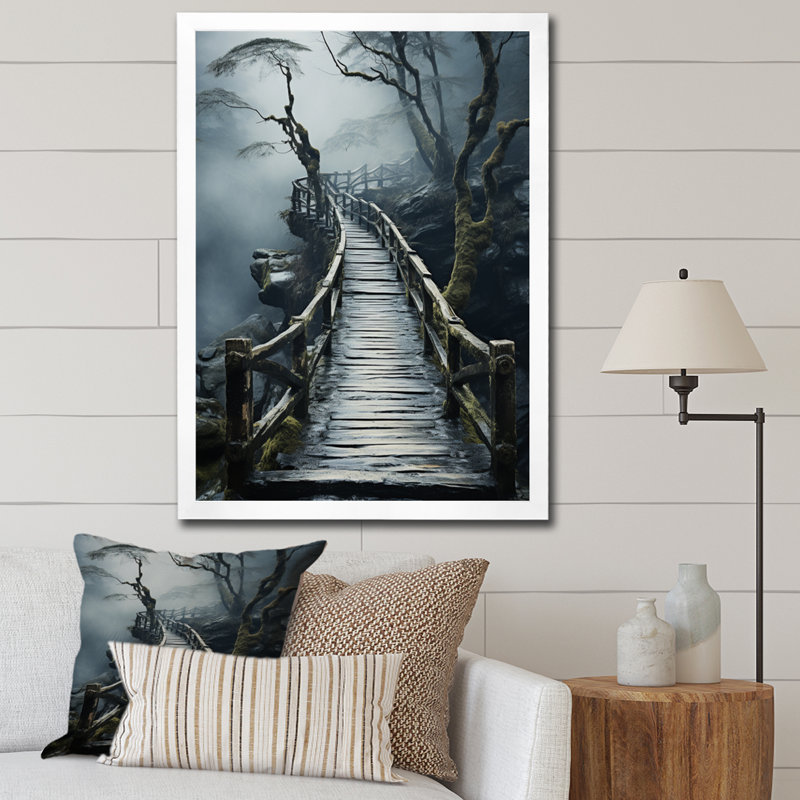 «Belony Grey Bridge Tranquil Passage Slate», reproduction sur toile, H 32 po x l 24 po x P 1 po, Cadre photo blanc