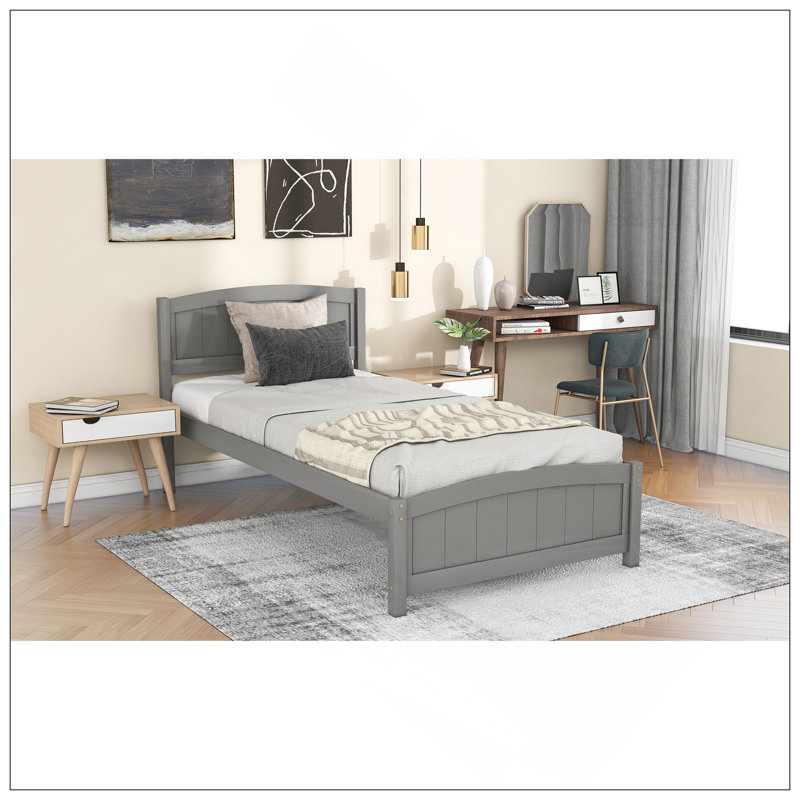 Lit plateforme en bois avec tête de lit, pied de lit et lattes en bois, gris