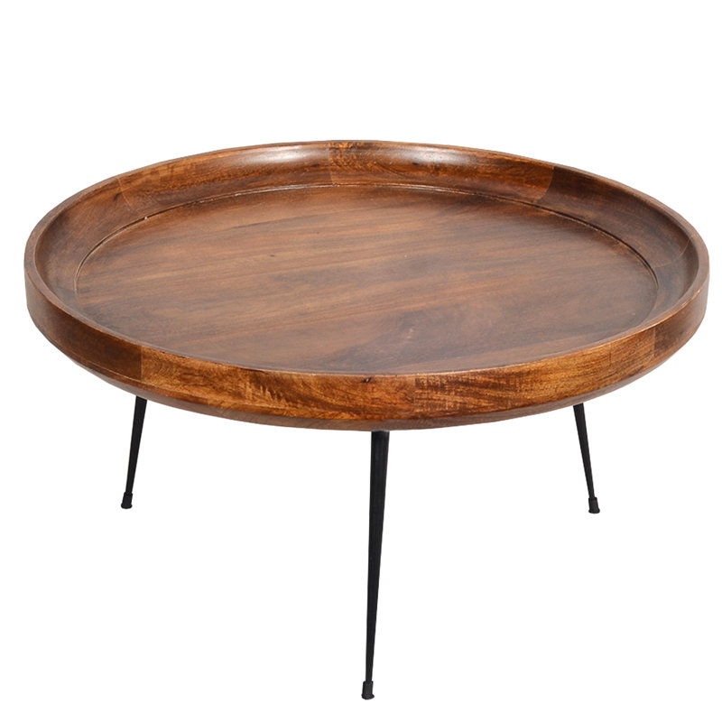 Table basse ronde en bois de manguier avec plateau Zenaide, brun noyer foncé, pieds fer noir