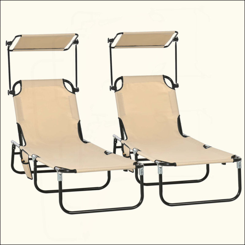 Folding Chaise Lounge Pool Chairs, Outdoor Sun Tanning Chairs With Canopy Shade, Reclining Back, Steel Frame And Side Pocket For Beach, Yard, Patio, Tan