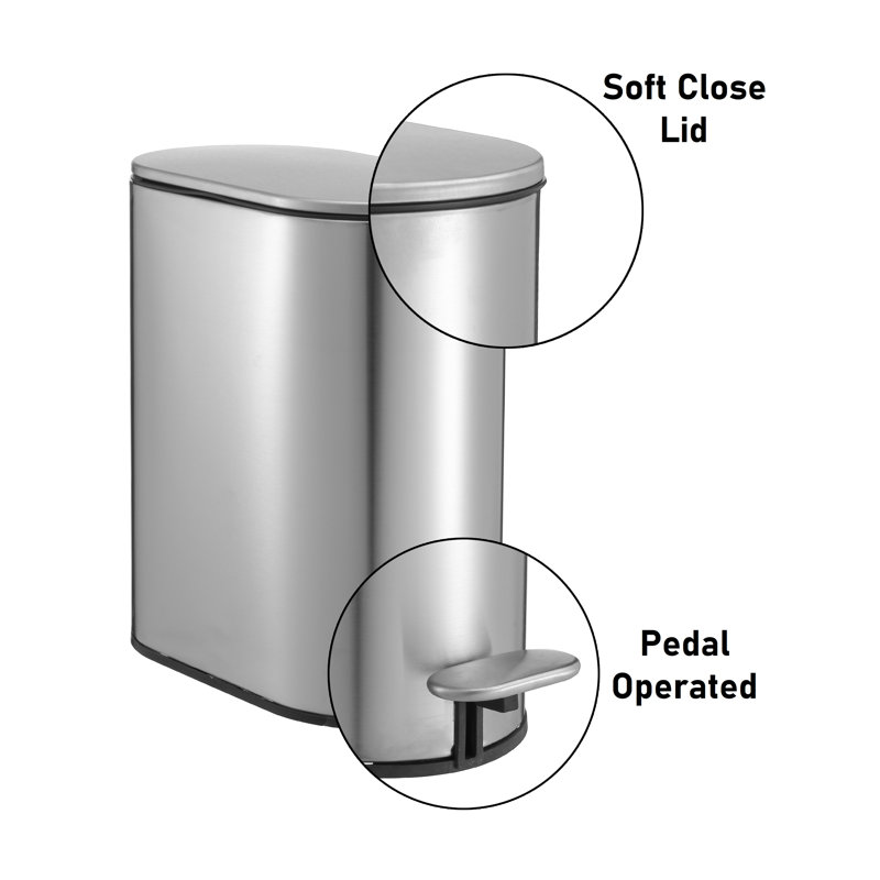 Fortuna 5L Soft Close Steel Bathroom Pedal Bin, Satin