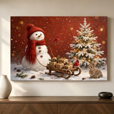 Reproduction d'art sur toile tendue avec galerie, bonhomme de neige avec cadeaux et lapin, H 20 po x l 30 po