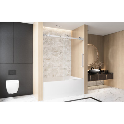 Single Sliding Shower Door Of American Design For Bathroom Usage, 56 - 60 "W X 60" H, 6Mm Clear Tempered Glass, Film Coating, Stainless Steel Square Tube Track And Ergonomic Handle In Brushed Nickel,