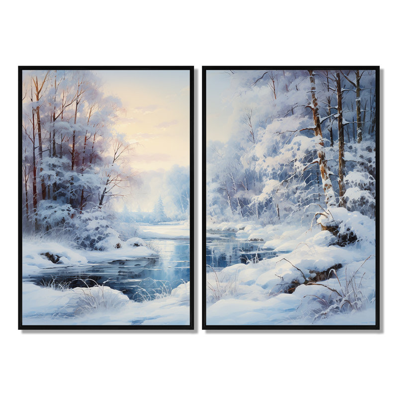 Winter River Window View II - impressions sur toile traditionnelles noires, H 36 po x l 48 po, Noir