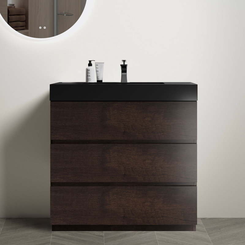 Sevon 35.8'' Single Bathroom Vanity with Top, Black, Walnut