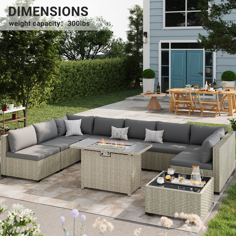 9 Pieces Design-Oriented Rattan Patio Conversation Sets With Fire Pit, Gray