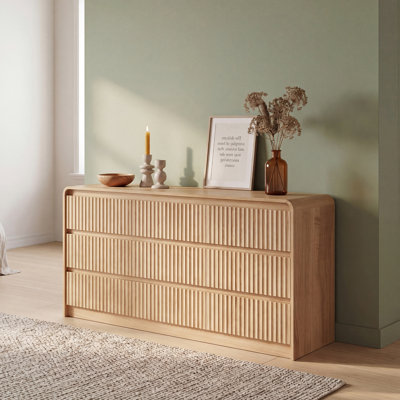 Commode en bois de 55 po de large avec 9 tiroirs, commode courbée anti-collision moderne Mid-Century pour chambre à coucher, salon, meuble télé, naturel