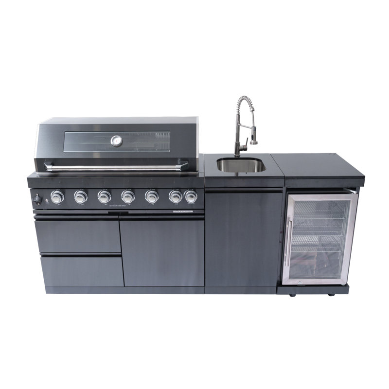 Îlot de cuisine de 43 pouces à 6 brûleurs et 85 000 BTU de cuisine au gaz en acier inoxydable pour barbecue et îlot de cuisine + réfrigérateur à vin compact + ensemble de rôtisserie + comptoirs en granite + évier en acier inoxydable