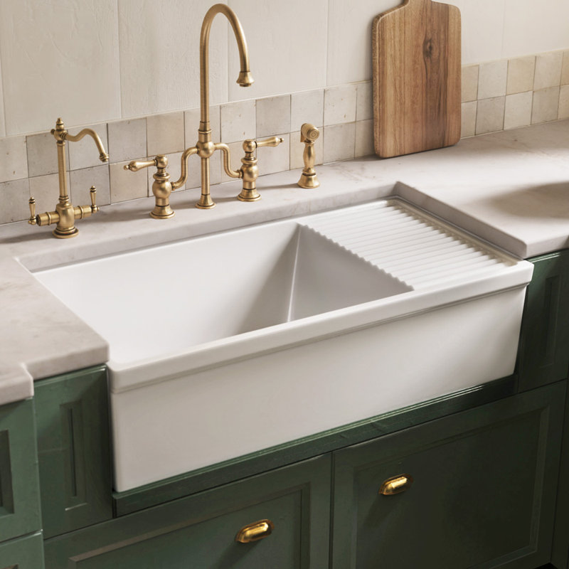 Fireclay Reversible Sink with Integral Drainboard and Decorative 2 ½" Lip on Both Sides, Matte Cement