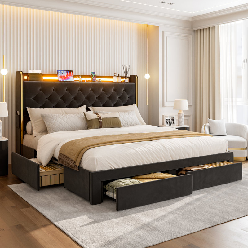  49.2" Tall California King Bed Frames With 4 Drawers, Velvet Upholstered Cal King Platform Bed With Wingback Storage Headboard, Led Lights & Charging Station, No Box Spring Needed, Black