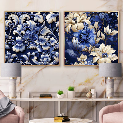 Cobalt bleu néo-gothique motif victorien II - ensemble de 2 collages floraux carrés