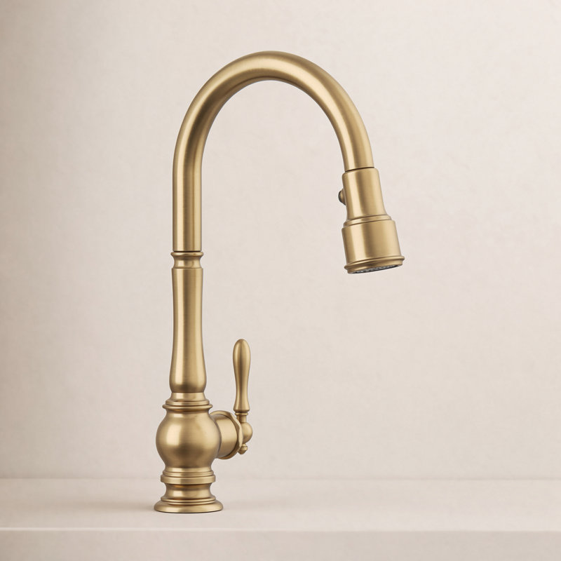 Artifacts® Pull Down Single Handle Kitchen Faucet, Vibrant Brushed Moderne Brass