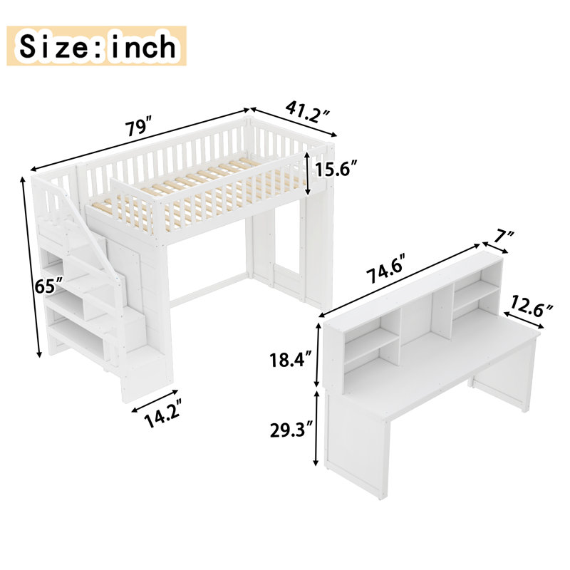 Lit mezzanine avec bureau mobile intégré, Simple, Blanc