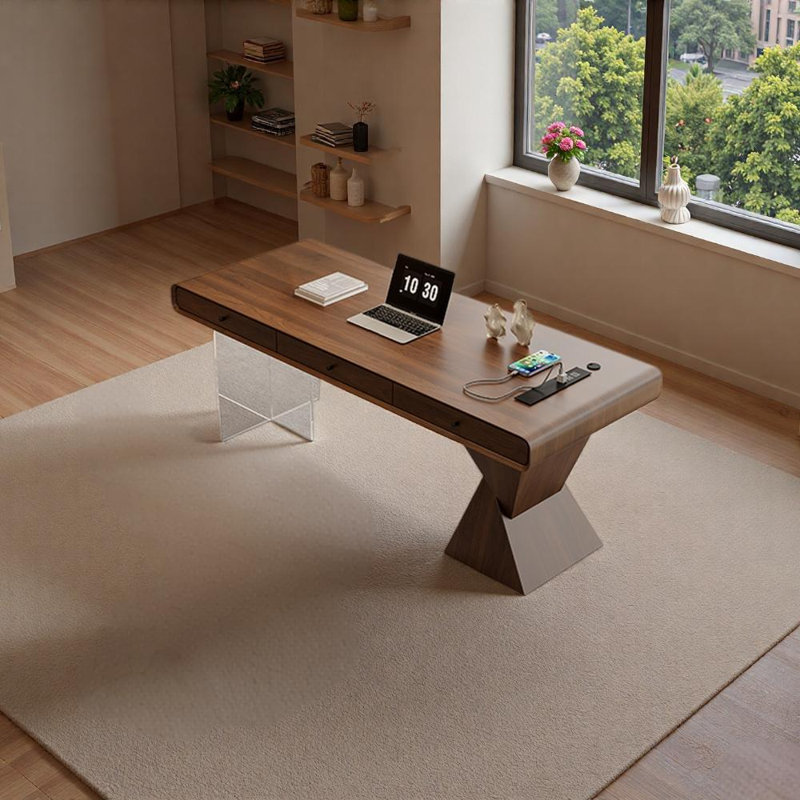 Bureau double en bois massif avec pieds en T en acrylique à 3 tiroirs, H 29,52 po x l 62,99 po x P 27,55 po