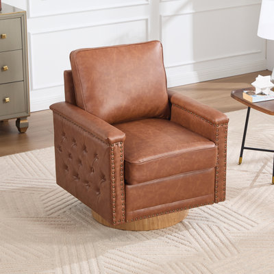 Leather Upholstered Swivel With Nailhead Trim Armrest by House of Hampton