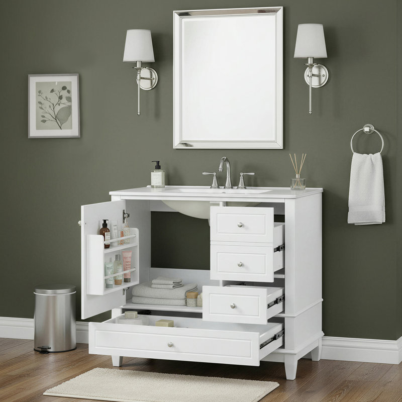 Meuble-lavabo moderne de 91 cm (36 po) avec lavabo en céramique, armoire en MDF, 3 tiroirs et étagères, Blanc