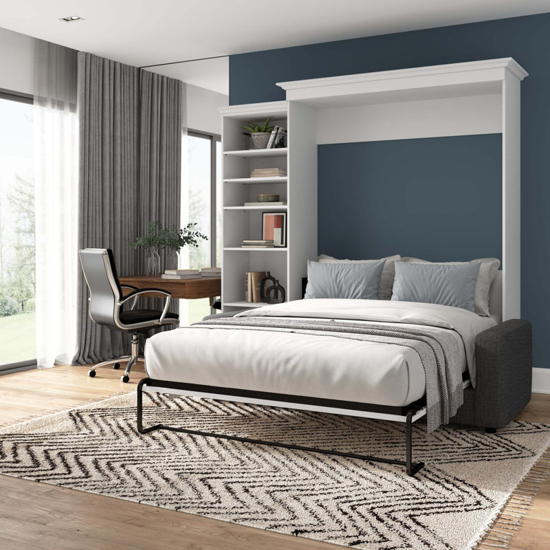 Alvaretta Upholstered Murphy Storage Bed, Queen, White/Gray