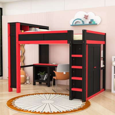 Grand lit mezzanine avec rangement, bureau et garde-robe, chargement USB