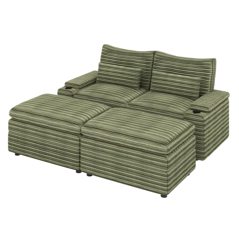 Canapé-lit modulaire à combinaison libre Causeuse, deux repose-pieds mobiles, quatre ports USB et deux porte-gobelets, Vert