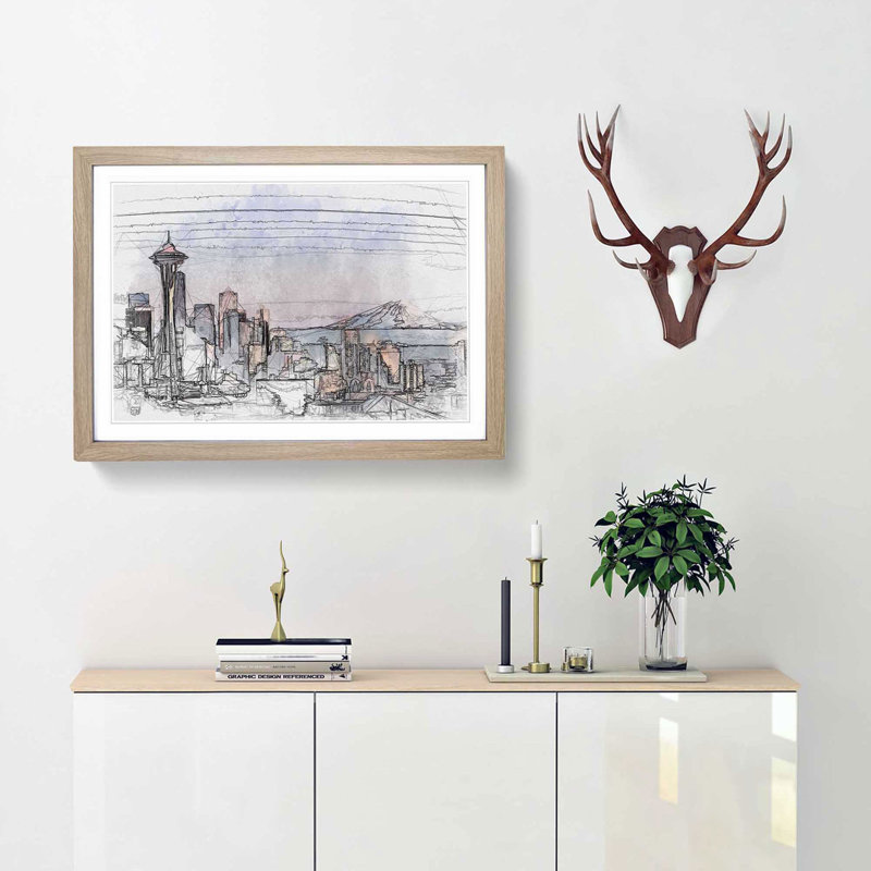Seattle Skyline in Abstract - Picture Frame Graphic Art Print, Oak, 60cm H x 91cm W x 2cm D