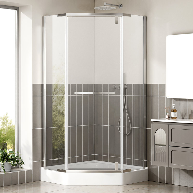 36"D x 36"W x 72"H Frameless Neo-angle Shower Door 1/4" Clear Tempered Glass with Safety Film Chrome Hardware, Clear, Chrome