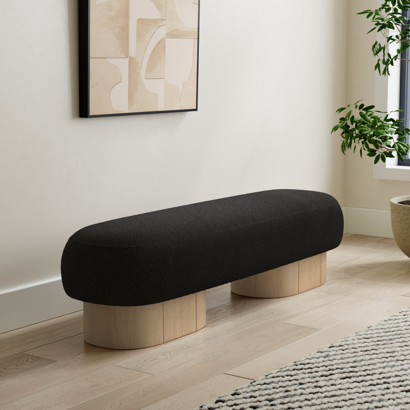 Banc rembourré en tissu Denyer, Tissu bouclé noir, Chêne clair