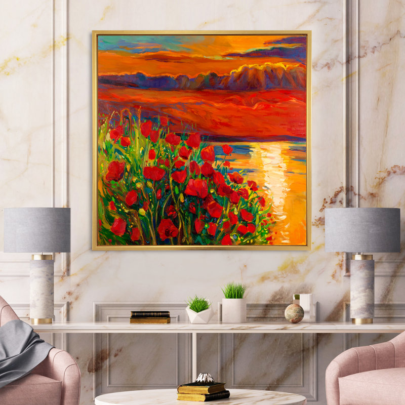 Coquelicots rouges par l'océan pendant le coucher du soleil - Peinture sur toile, H 16 po x l 16 po x P 1 po